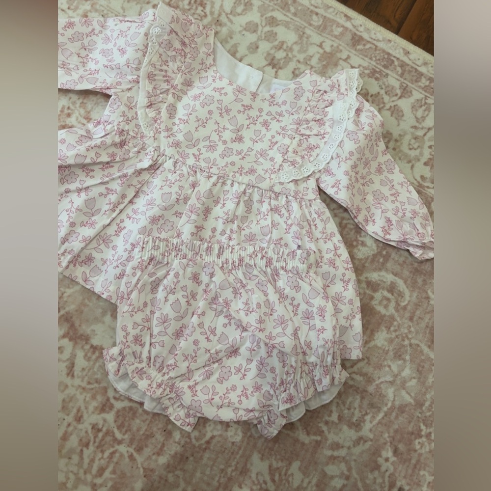 Pink Floral Baby Girls Matching Set - Long Sleeve Top & Bloomers